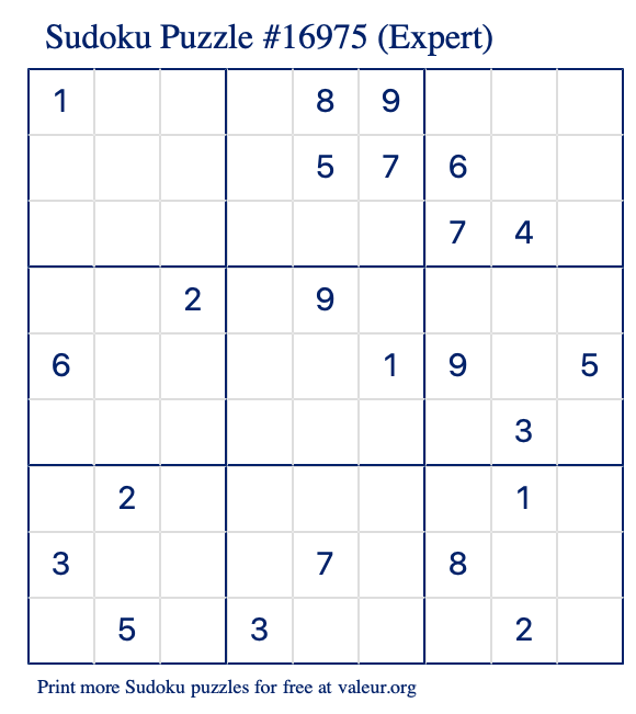 Free Printable Expert Sudoku Puzzle number 16975