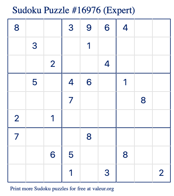 Free Printable Expert Sudoku Puzzle number 16976