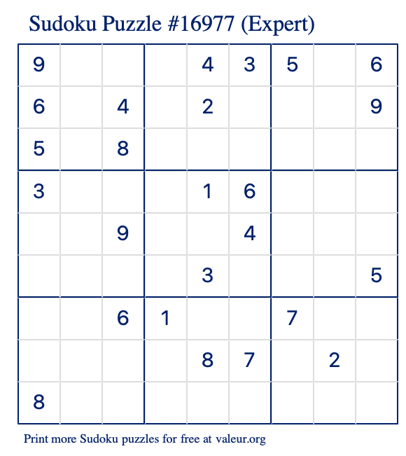 Free Printable Expert Sudoku Puzzle number 16977