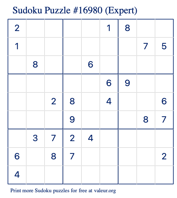 Free Printable Expert Sudoku Puzzle number 16980