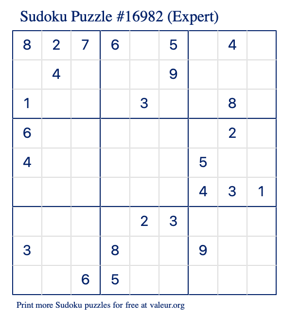 Free Printable Expert Sudoku Puzzle number 16982