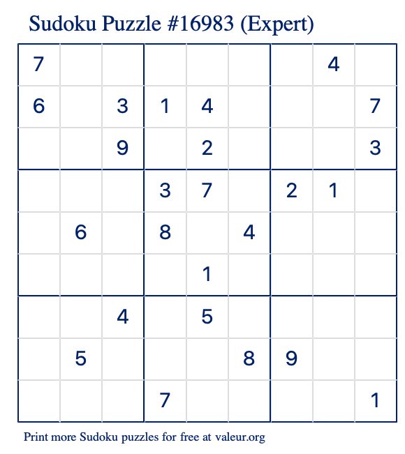 Free Printable Expert Sudoku Puzzle number 16983