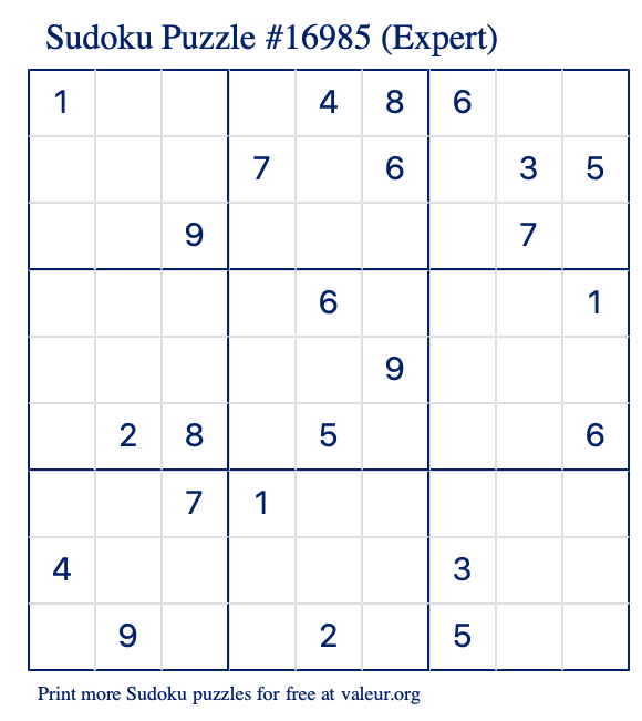 Free Printable Expert Sudoku Puzzle number 16985