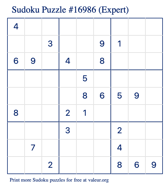 Free Printable Expert Sudoku Puzzle number 16986