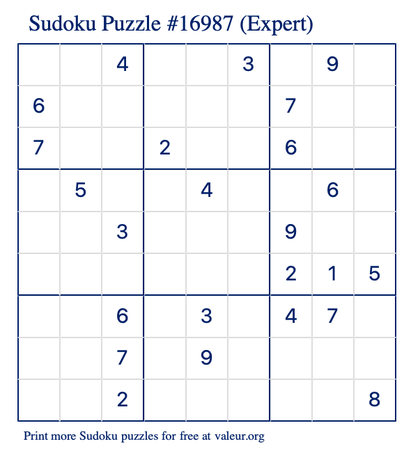 Free Printable Expert Sudoku Puzzle number 16987