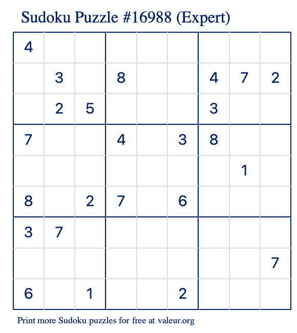 Free Printable Expert Sudoku Puzzle number 16988