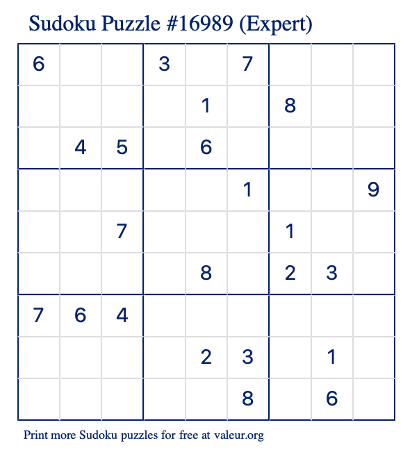 Free Printable Expert Sudoku Puzzle number 16989