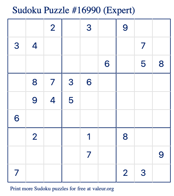 Free Printable Expert Sudoku Puzzle number 16990