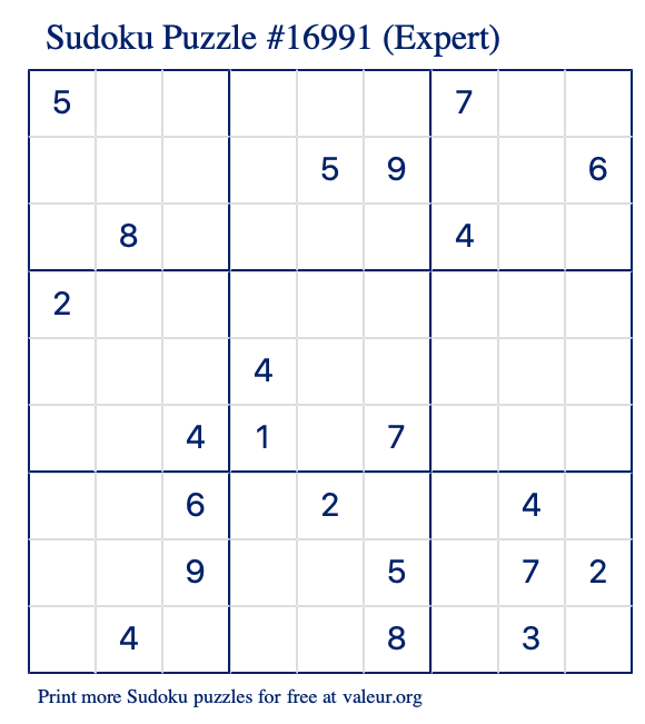 Free Printable Expert Sudoku Puzzle number 16991