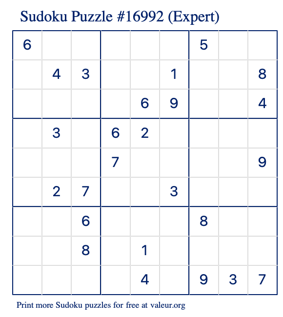 Free Printable Expert Sudoku Puzzle number 16992