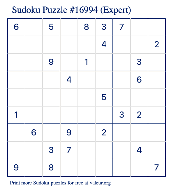 Free Printable Expert Sudoku Puzzle number 16994