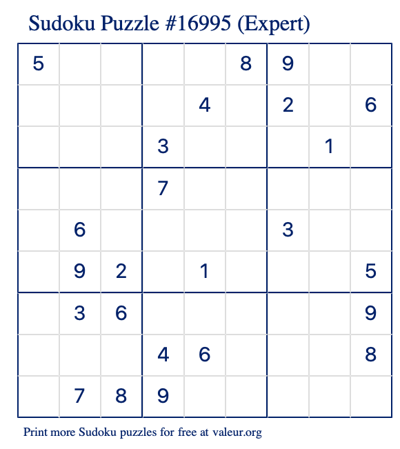 Free Printable Expert Sudoku Puzzle number 16995