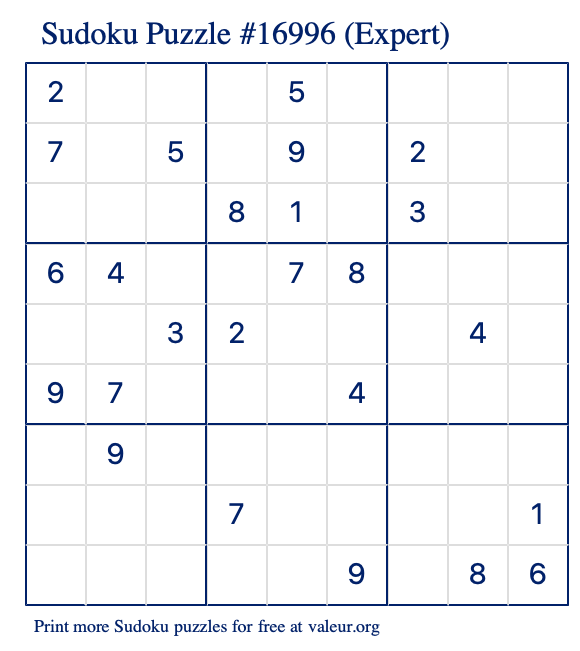 Free Printable Expert Sudoku Puzzle number 16996