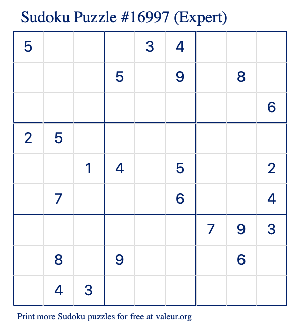 Free Printable Expert Sudoku Puzzle number 16997