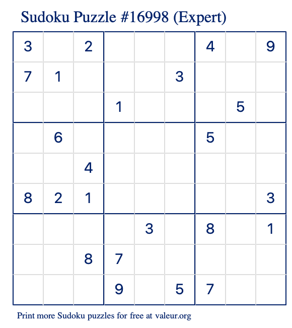 Free Printable Expert Sudoku Puzzle number 16998