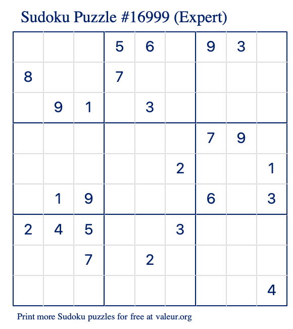 Free Printable Expert Sudoku Puzzle number 16999