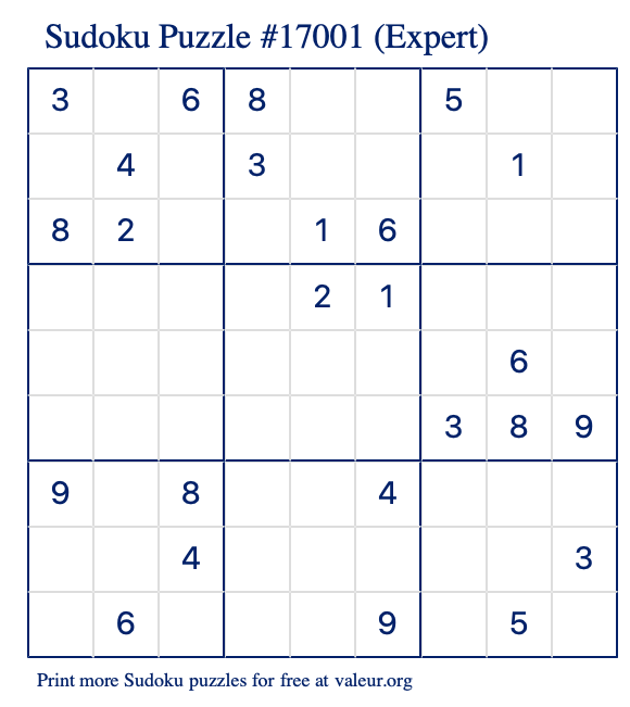 Free Printable Expert Sudoku Puzzle number 17001