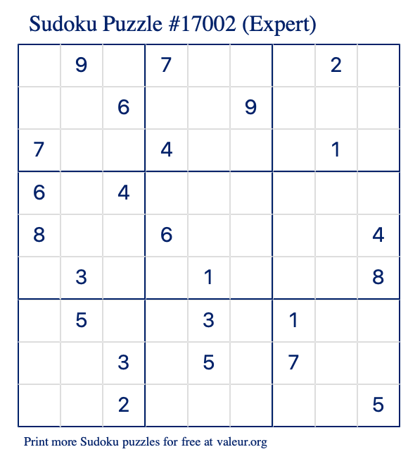 Free Printable Expert Sudoku Puzzle number 17002