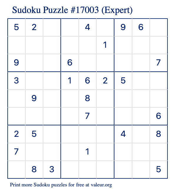 Free Printable Expert Sudoku Puzzle number 17003