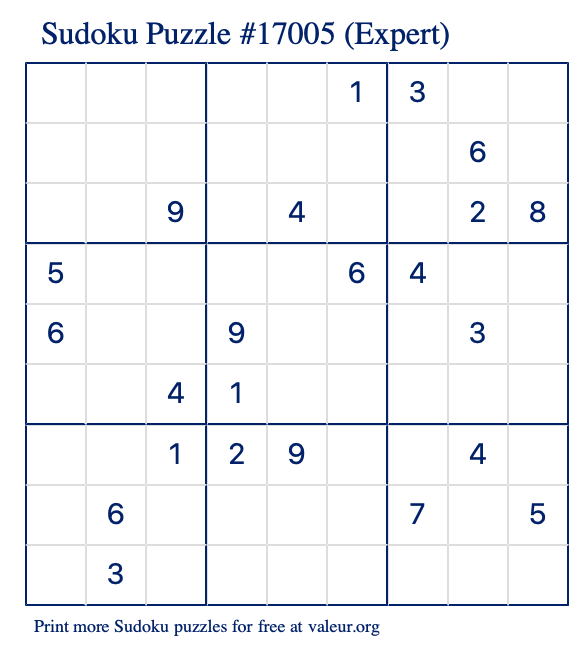 Free Printable Expert Sudoku Puzzle number 17005