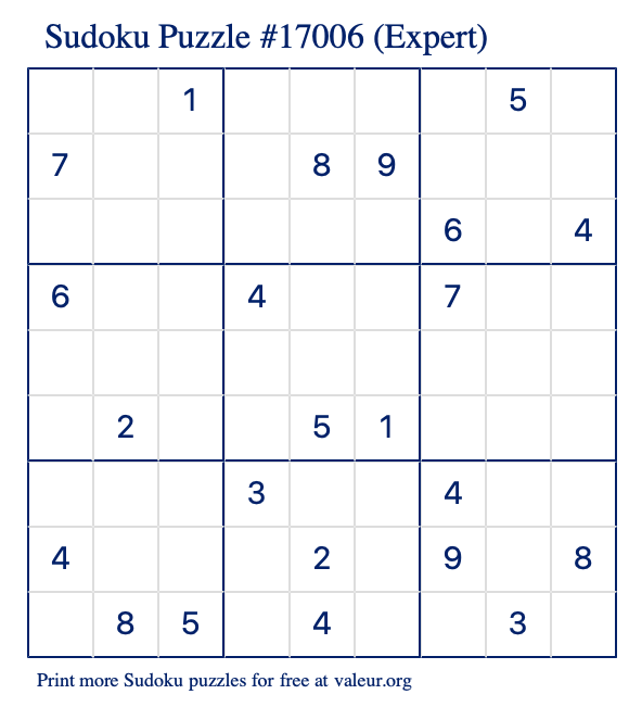 Free Printable Expert Sudoku Puzzle number 17006