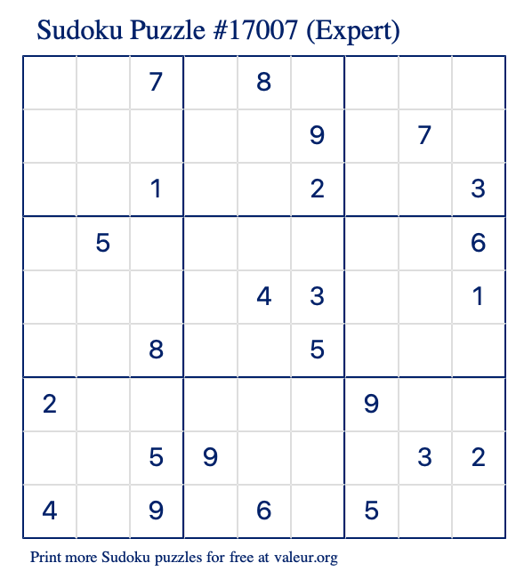 Free Printable Expert Sudoku Puzzle number 17007