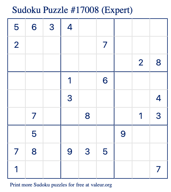 Free Printable Expert Sudoku Puzzle number 17008