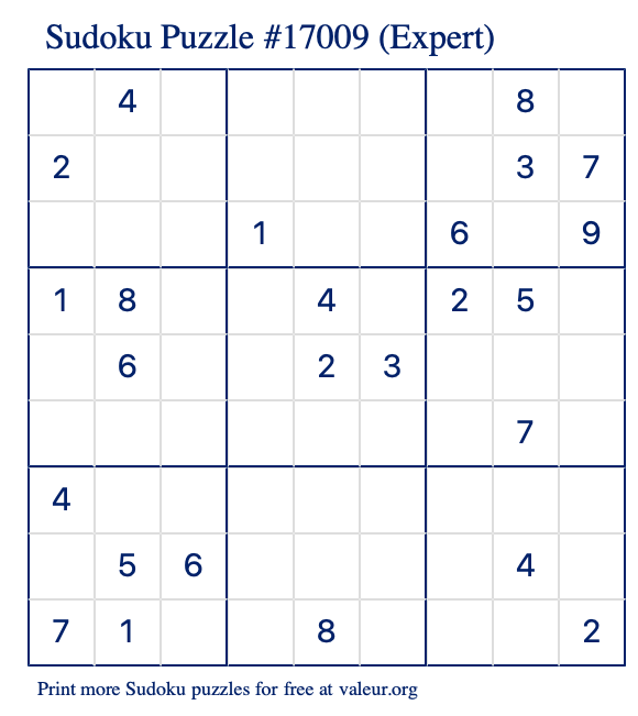 Free Printable Expert Sudoku Puzzle number 17009