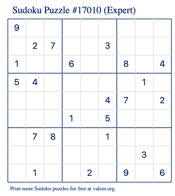 Free Printable Expert Sudoku Puzzle number 17010