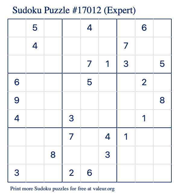Free Printable Expert Sudoku Puzzle number 17012