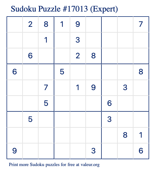 Free Printable Expert Sudoku Puzzle number 17013