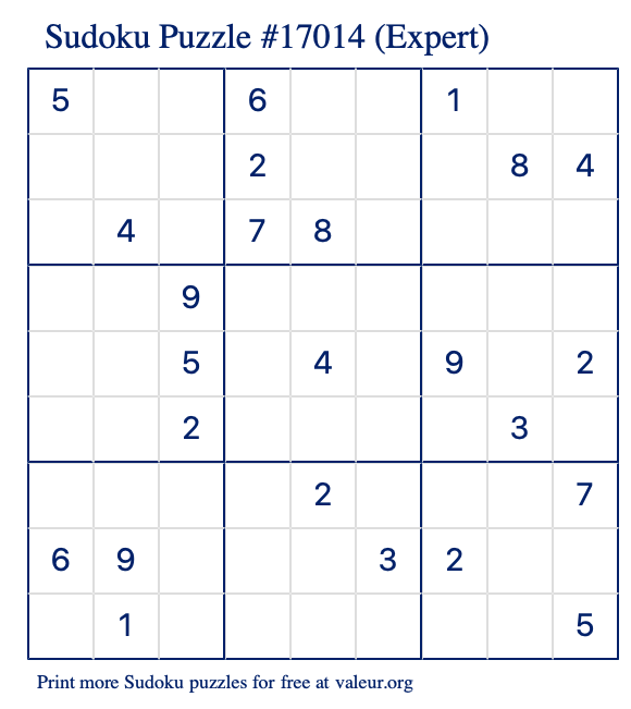 Free Printable Expert Sudoku Puzzle number 17014