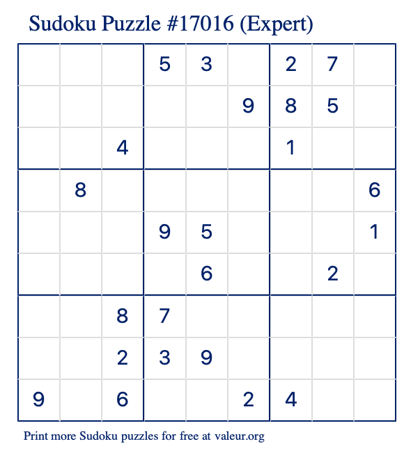 Free Printable Expert Sudoku Puzzle number 17016