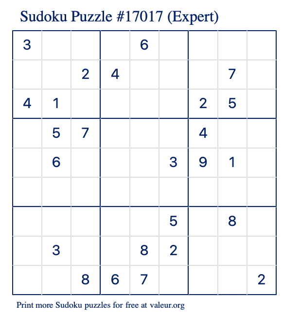 Free Printable Expert Sudoku Puzzle number 17017