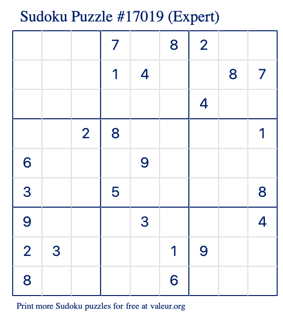 Free Printable Expert Sudoku Puzzle number 17019