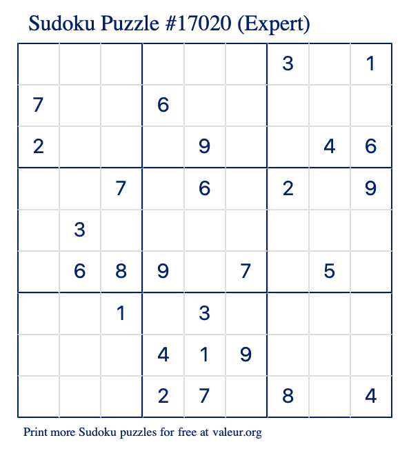 Free Printable Expert Sudoku Puzzle number 17020