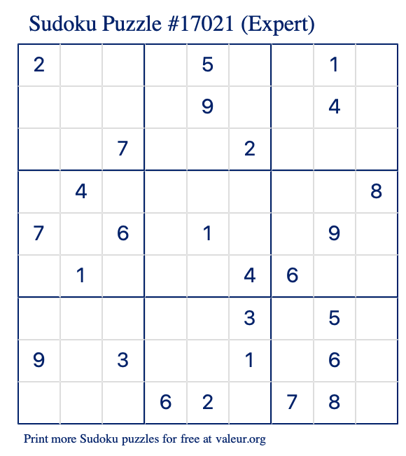 Free Printable Expert Sudoku Puzzle number 17021