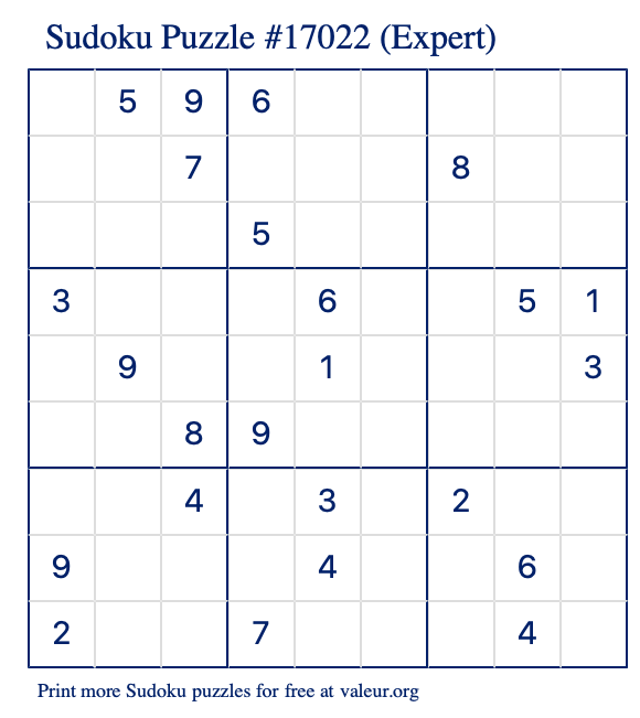 Free Printable Expert Sudoku Puzzle number 17022