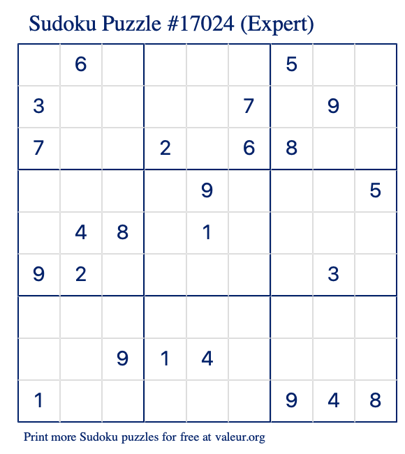 Free Printable Expert Sudoku Puzzle number 17024