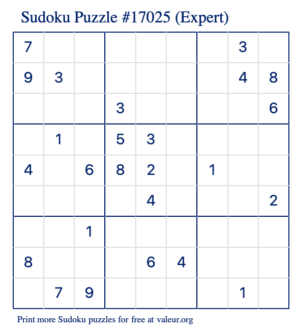 Free Printable Expert Sudoku Puzzle number 17025