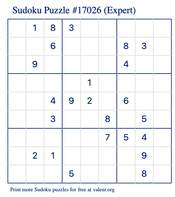 Free Printable Expert Sudoku Puzzle number 17026
