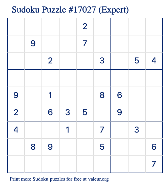 Free Printable Expert Sudoku Puzzle number 17027