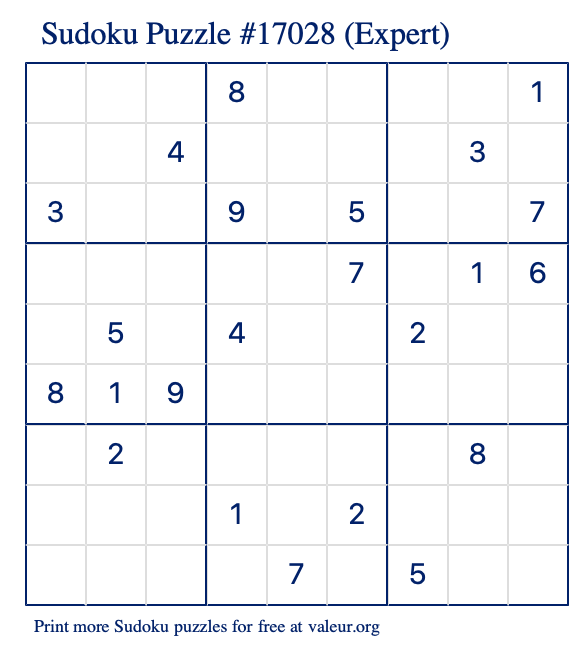 Free Printable Expert Sudoku Puzzle number 17028