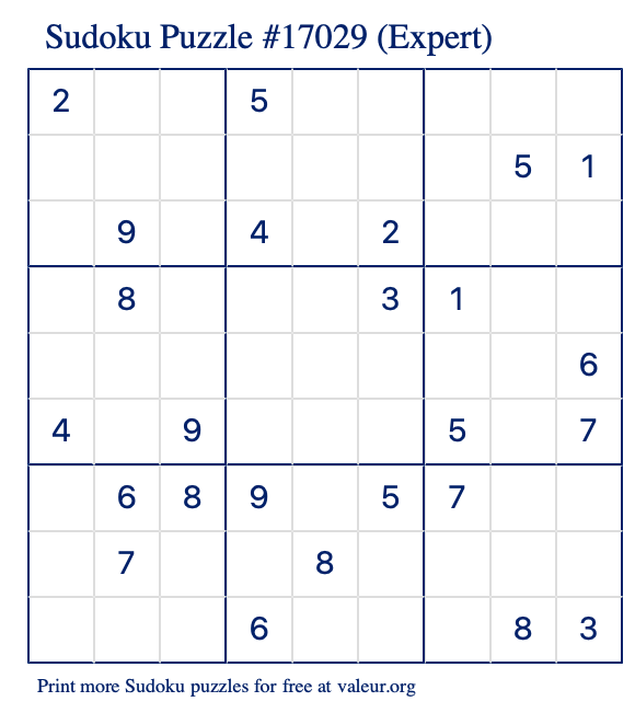 Free Printable Expert Sudoku Puzzle number 17029