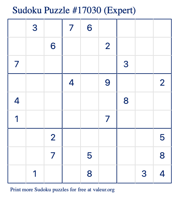 Free Printable Expert Sudoku Puzzle number 17030