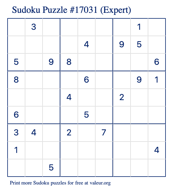 Free Printable Expert Sudoku Puzzle number 17031