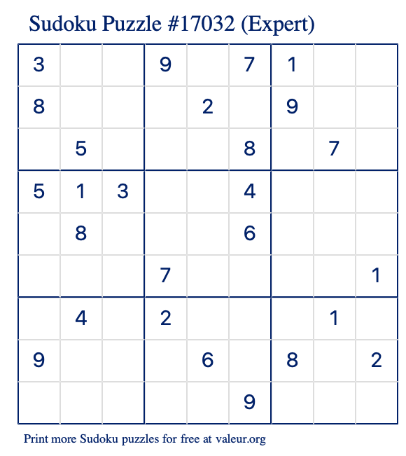 Free Printable Expert Sudoku Puzzle number 17032