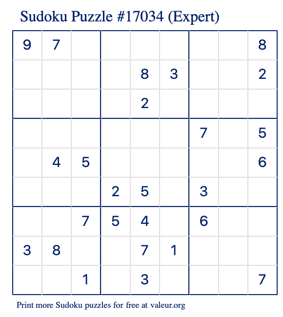 Free Printable Expert Sudoku Puzzle number 17034