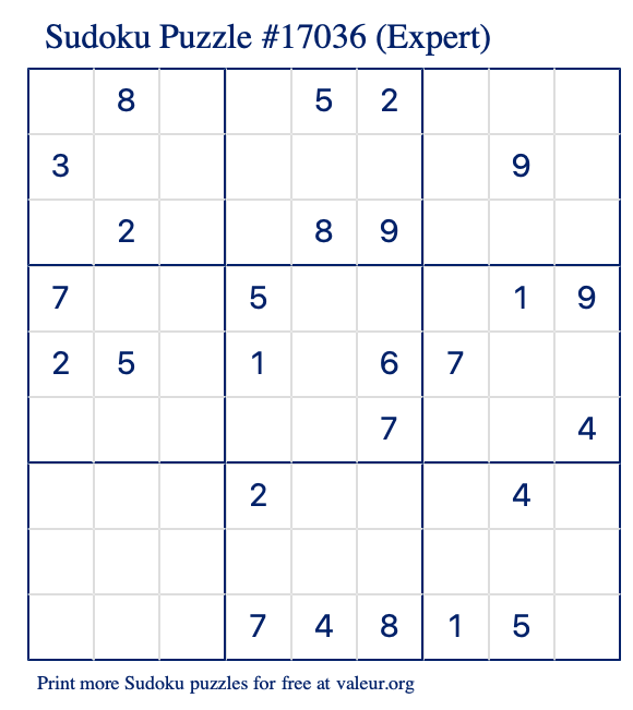 Free Printable Expert Sudoku Puzzle number 17036