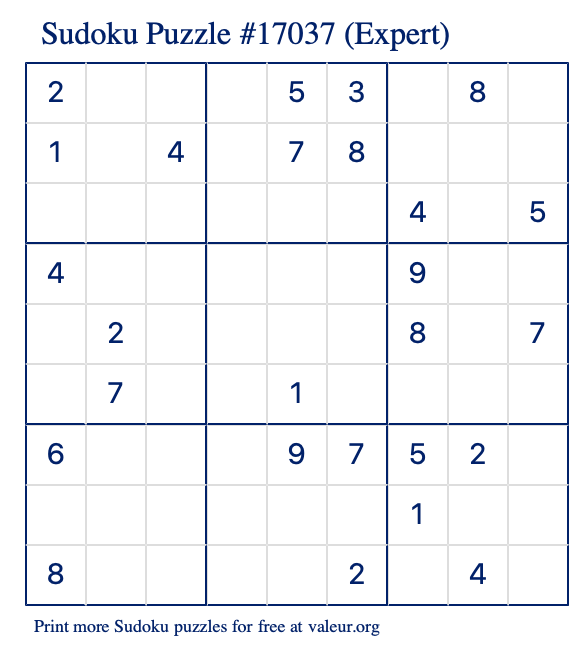 Free Printable Expert Sudoku Puzzle number 17037